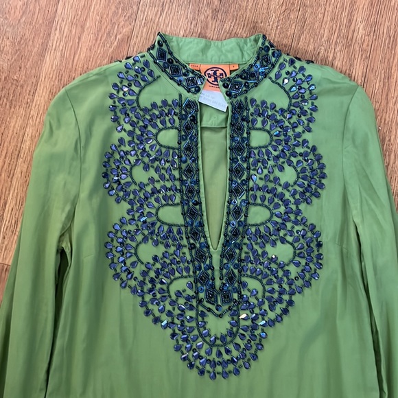 TORY BURCH TUNIC BEADED GEMS SEQUINED GREEN SAPPHIRE BLUE 2 LONG SLEEVE SHIRT SF - Picture 14 of 16
